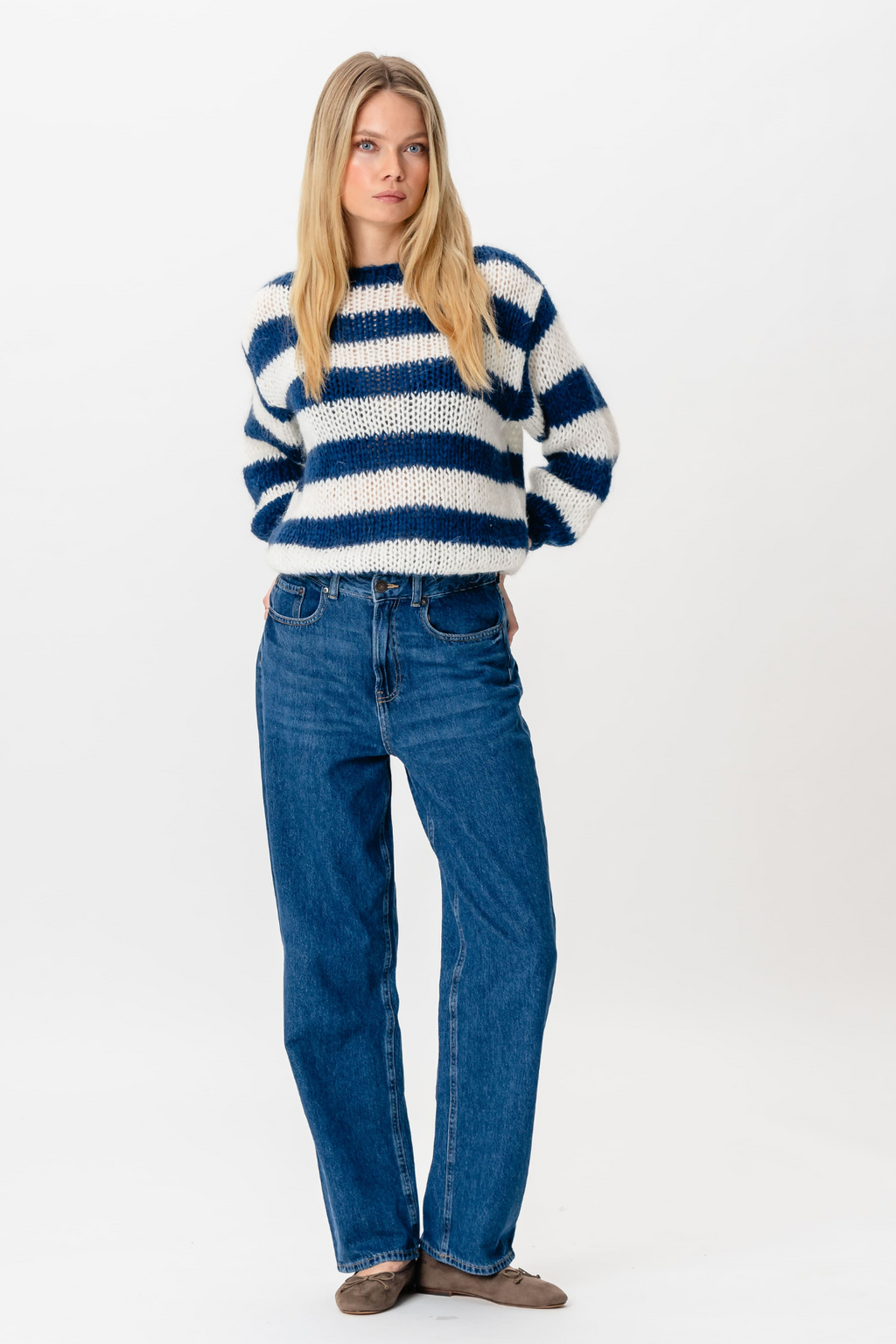 Mila Strikket Stribet Sweater - Navy/Hvid