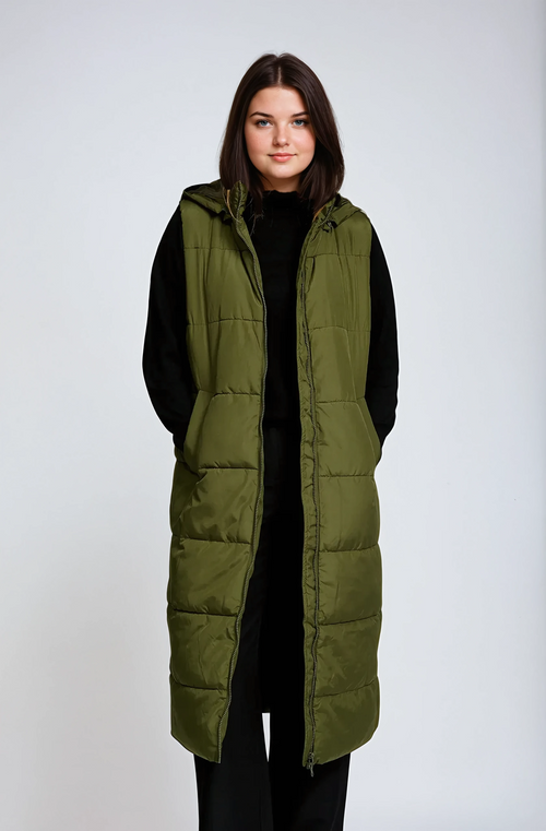 Lang Puffer Vest - Mørkegrøn