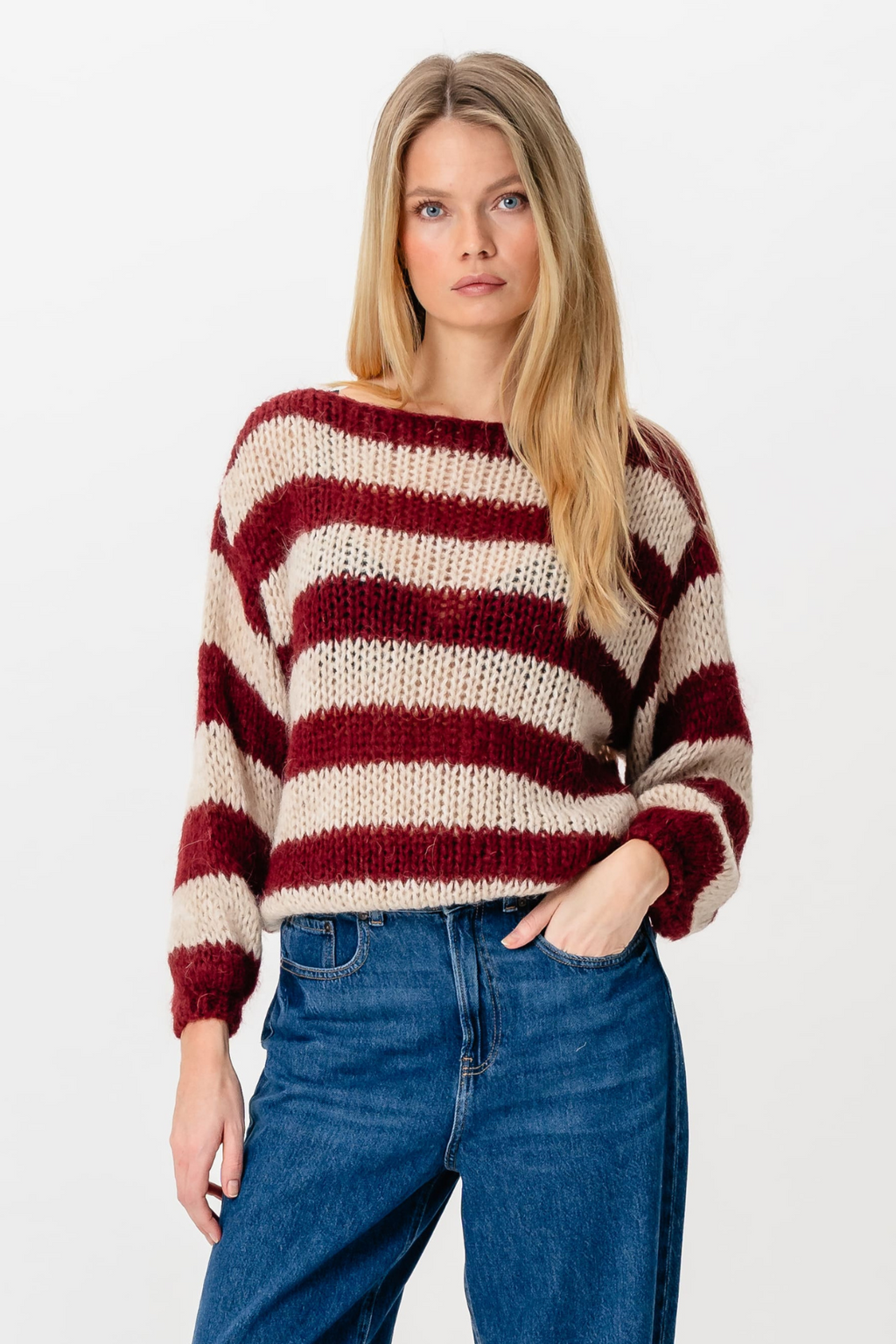 Mila Stribet Strikket Sweater - Bourgogne/Beige