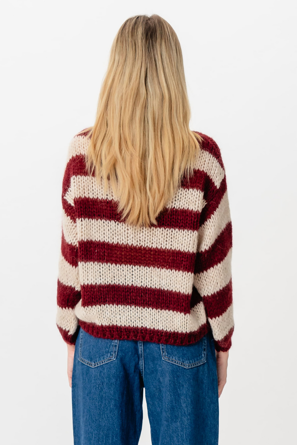 Mila Stribet Strikket Sweater - Bourgogne/Beige