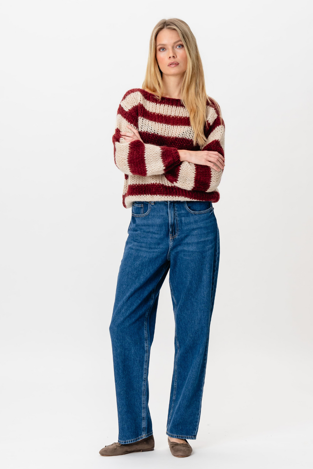 Mila Stribet Strikket Sweater - Bourgogne/Beige