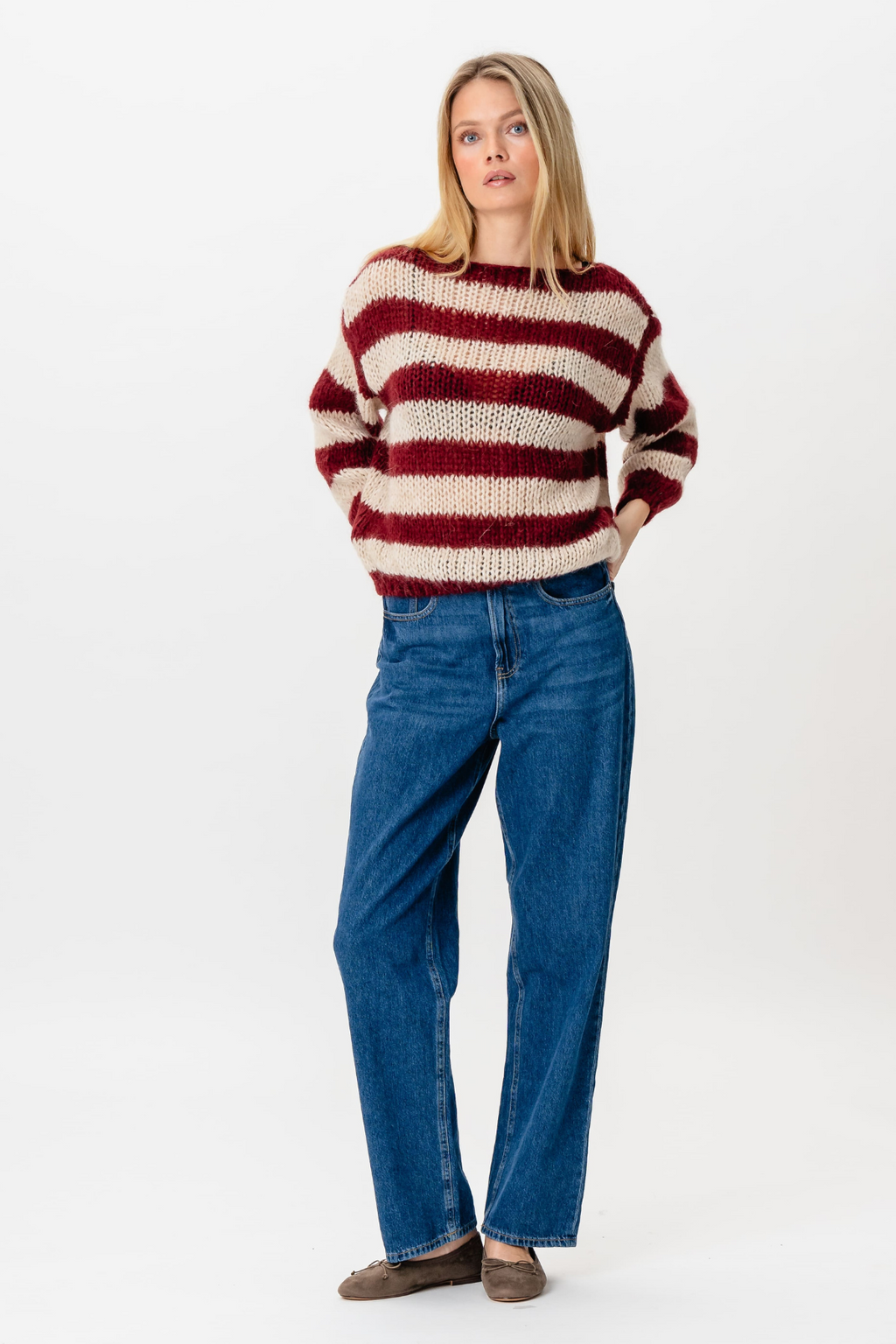 Mila Stribet Strikket Sweater - Bourgogne/Beige