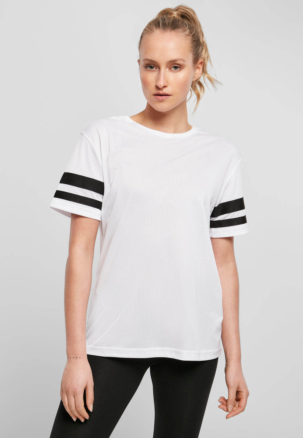 Ladies Mesh Stripe Tee - White Black