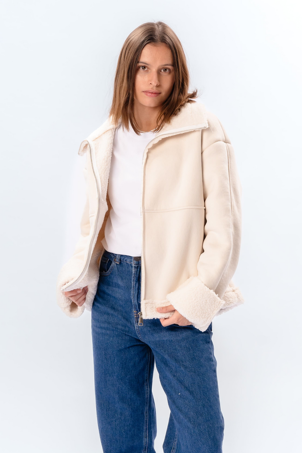 Shearling Zipper Coat - Kalk