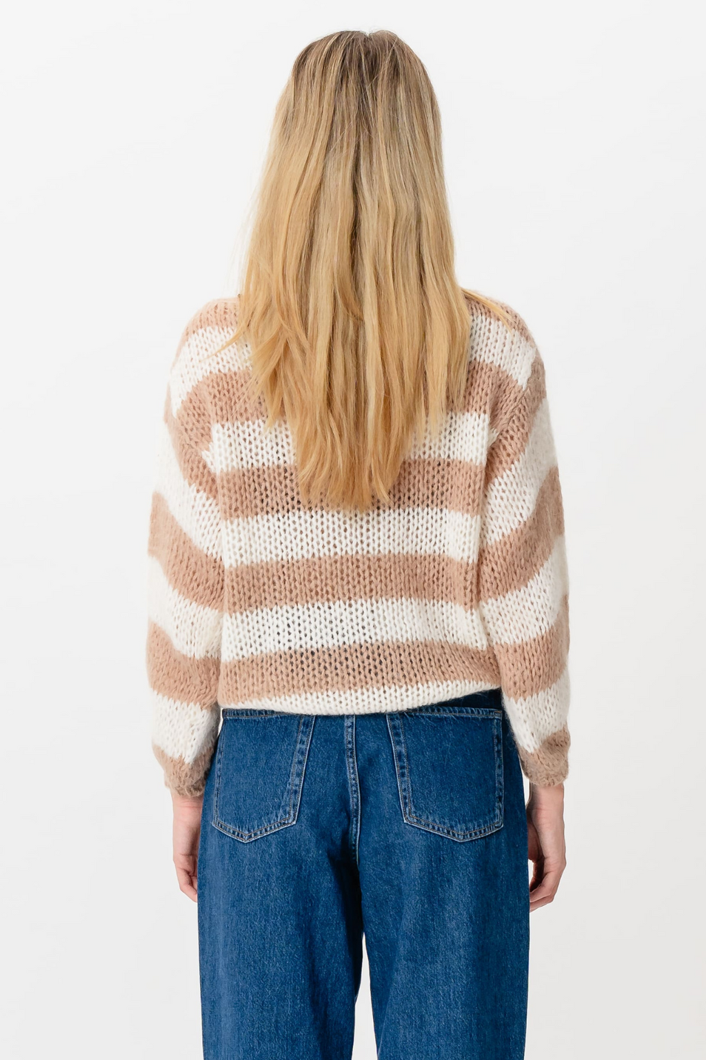 Mila Stribet Strikket Sweater - Lys Kamel/Hvid