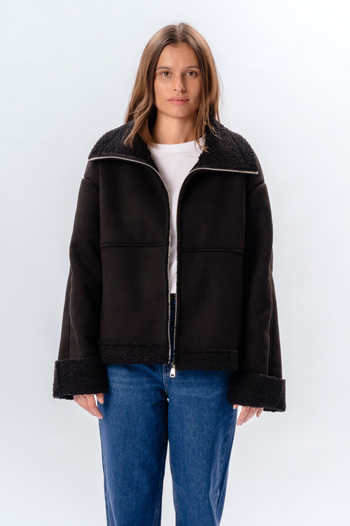 Shearling Zipper Frakke - Sort