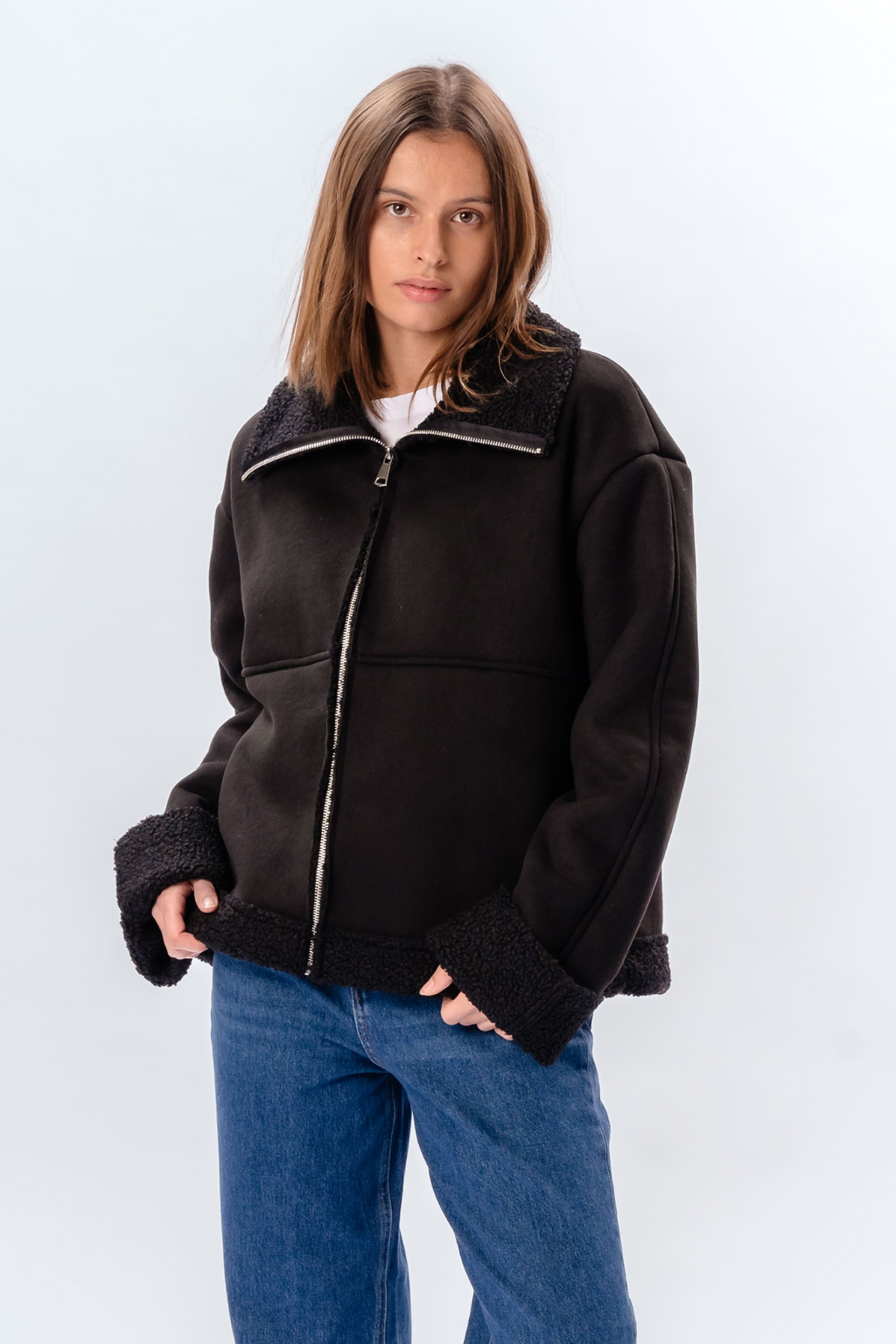 Shearling Zipper Frakke - Sort