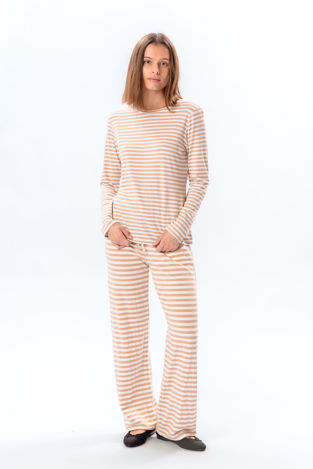 Stribet Langærmet Slim Fit - Beige