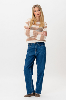 Mila Stribet Strikket Sweater - Lys Kamel/Hvid