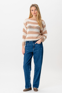 Mila Stribet Strikket Sweater - Lys Kamel/Hvid
