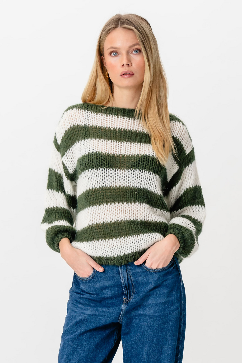 Mila Stribet Striktrøje - Khaki/Hvid