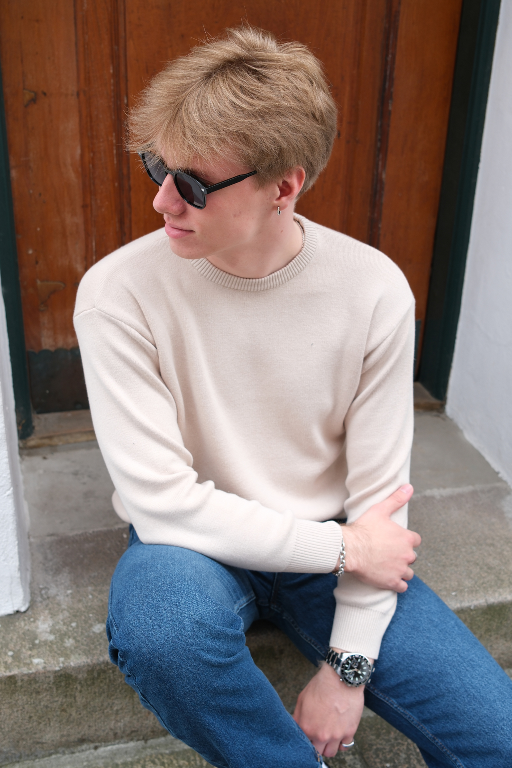 Striktrøje med Rund Hals - Lys Beige