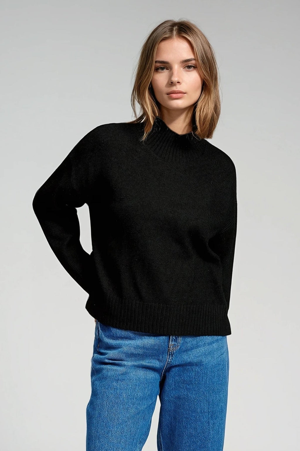 Oversized Strikket Rullekravetrøje - Sort