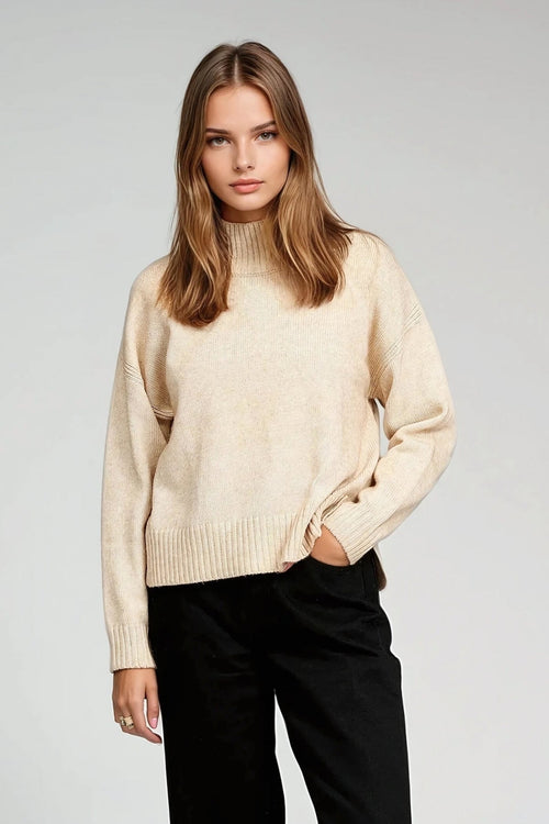 Oversized Strikket Rullekravetrøje - Beige
