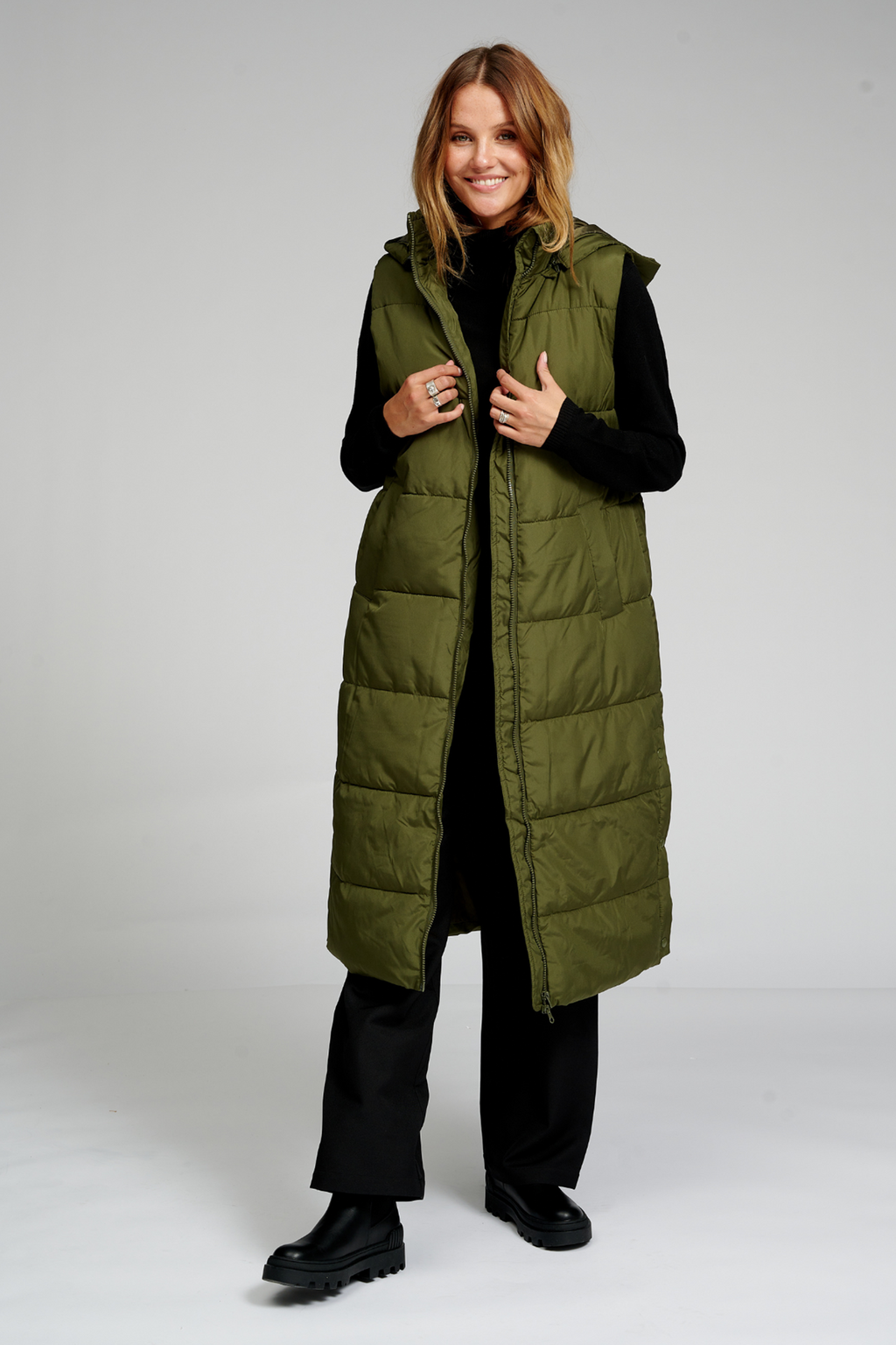 Lang Puffer Vest - Mørkegrøn