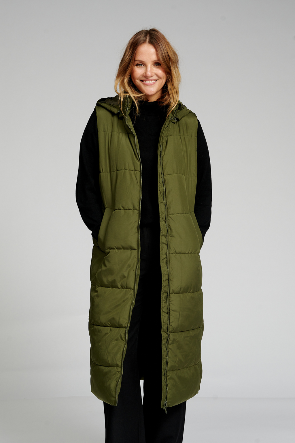 Lang Puffer Vest - Mørkegrøn